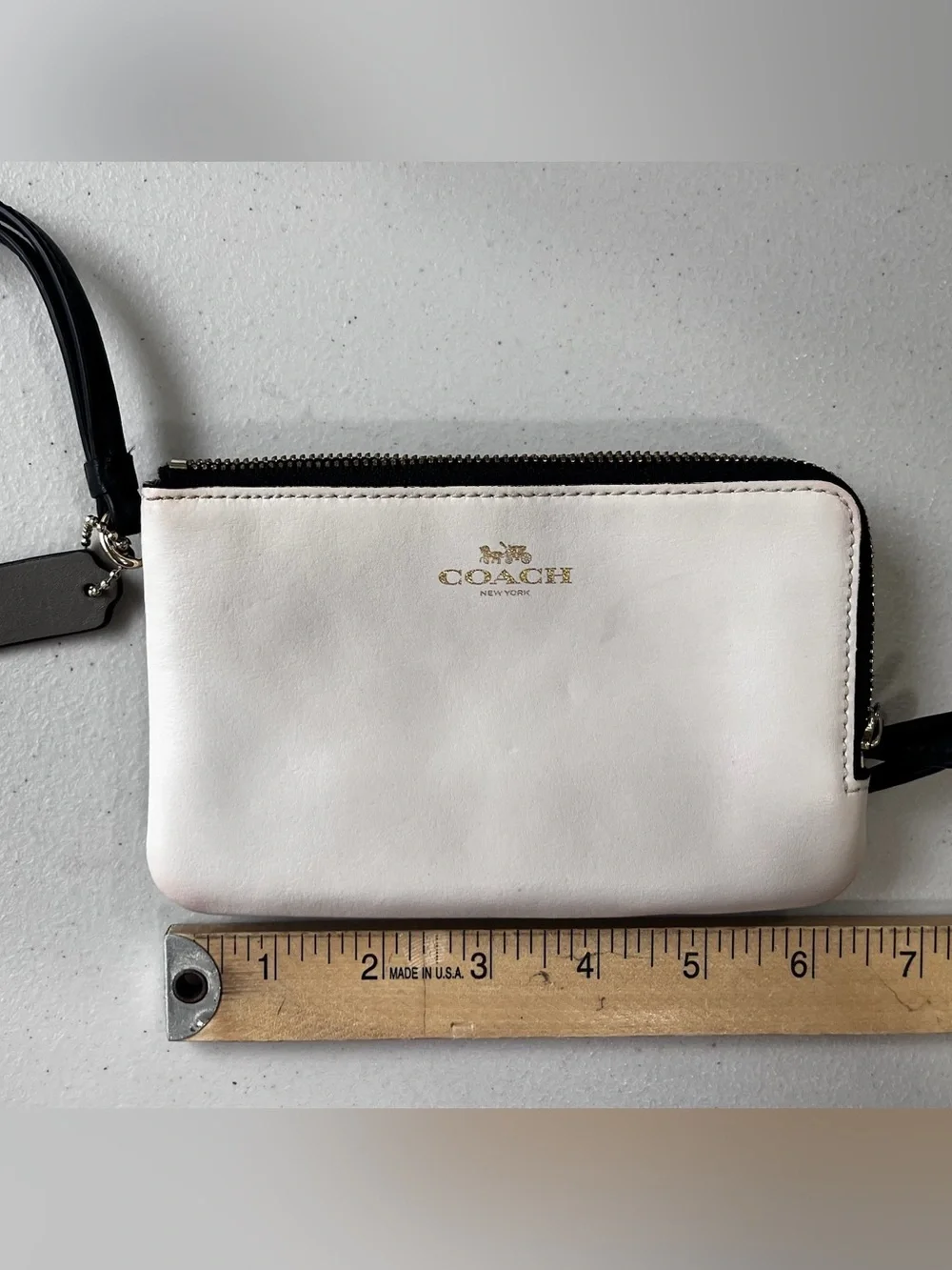 Coach Double Zip Wristlet Pouch White Leather & Signature Canvas Black Brown EUC